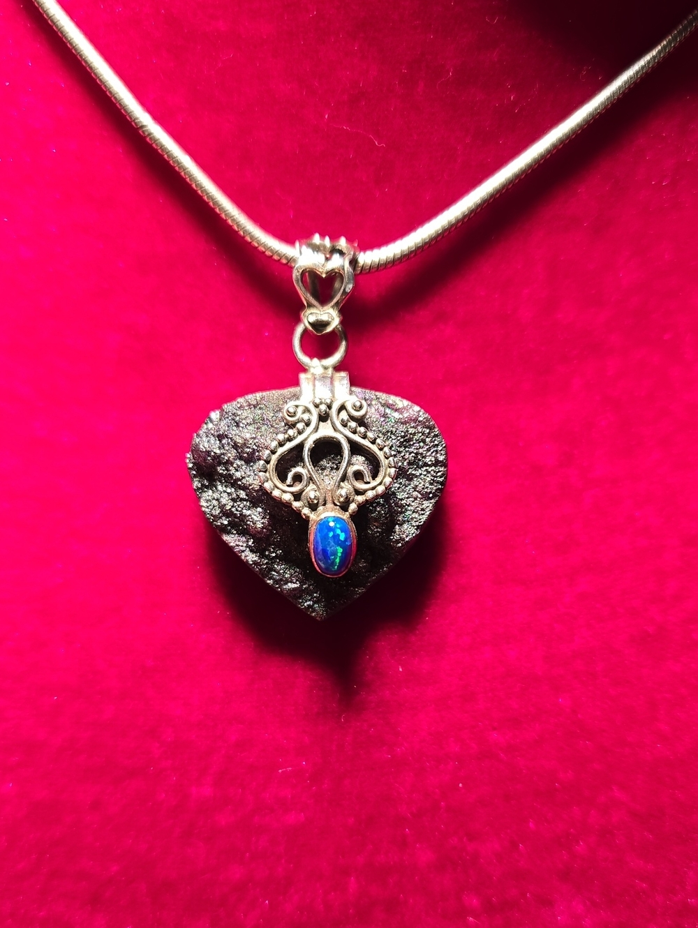 925 Sterling Silver Heart Titanium Quartz Druzy Pendant Boho Blue Opal Accent